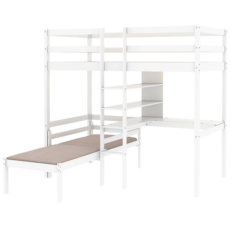 Convertible Loft Bed with L-Shape Desk, Twin Bunk Bed with Shelves and Ladder, White