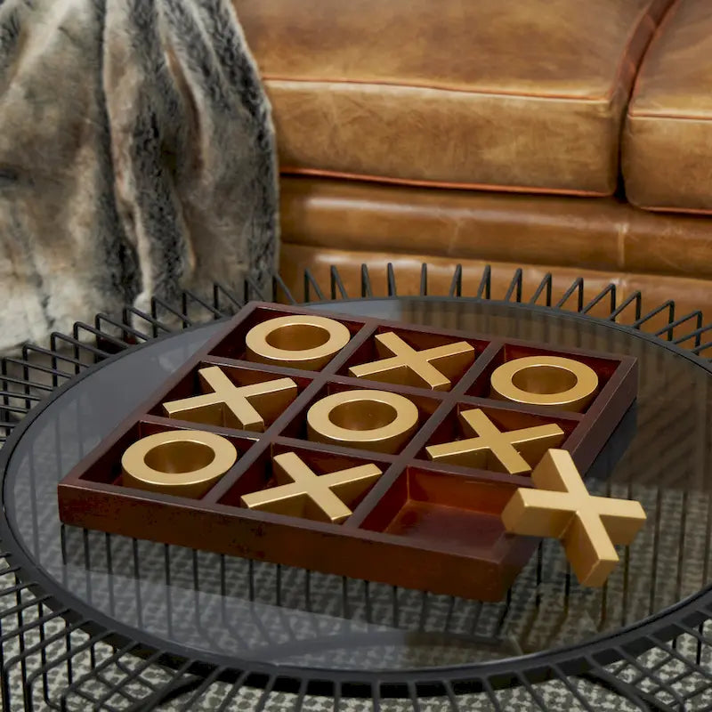 Brown Wood Tic Tac Toe Game Set with Gold X and O Pieces