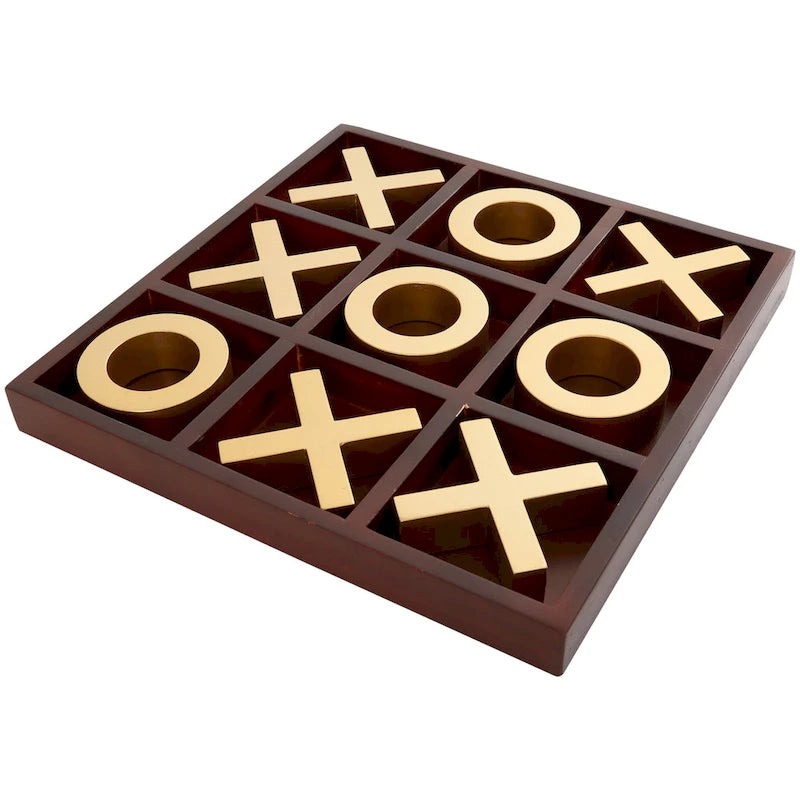 Brown Wood Tic Tac Toe Game Set with Gold X and O Pieces