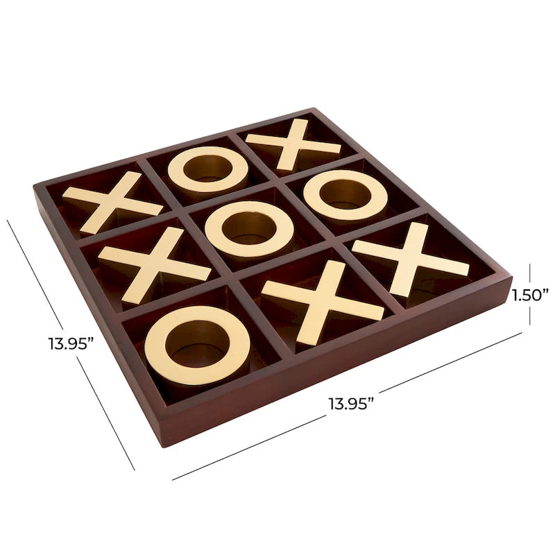 Brown Wood Tic Tac Toe Game Set with Gold X and O Pieces