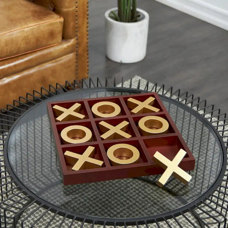 Brown Wood Tic Tac Toe Game Set with Gold X and O Pieces