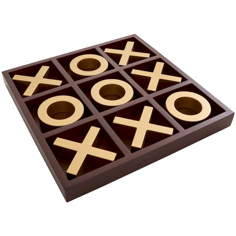 Brown Wood Tic Tac Toe Game Set with Gold X and O Pieces