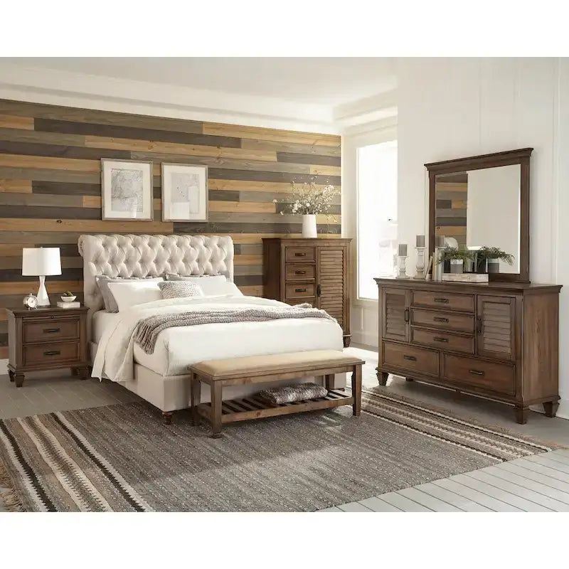 Clemence Beige and Burnished Oak 4-piece Panel Bedroom Set