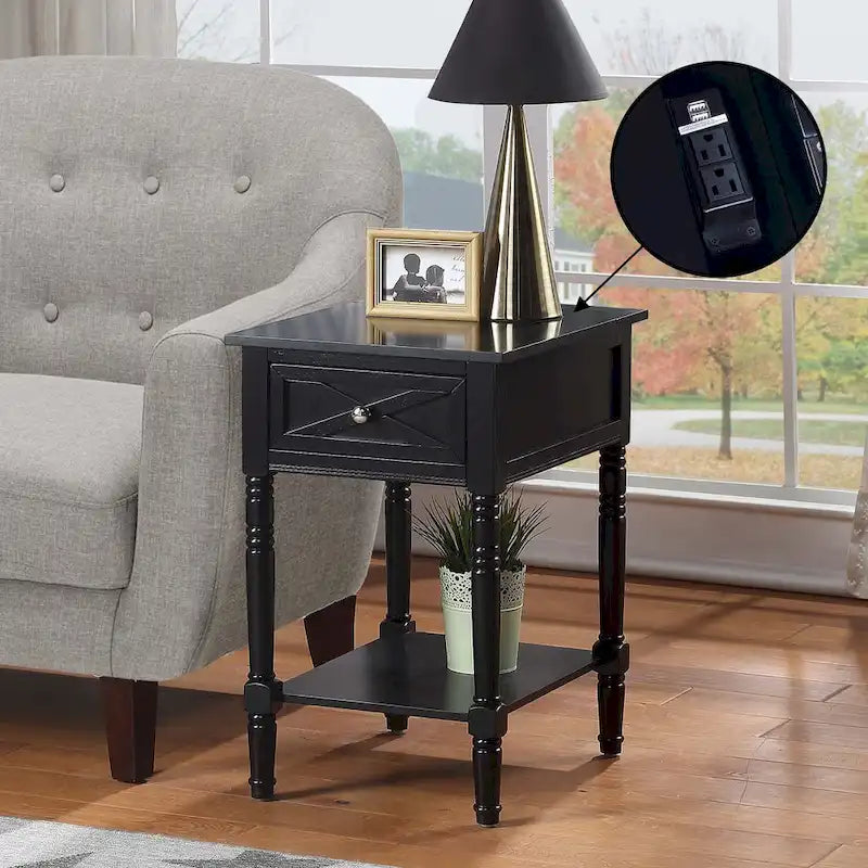 Convenience Concepts Country Oxford 1 Drawer End Table with Charging Station and Shelf