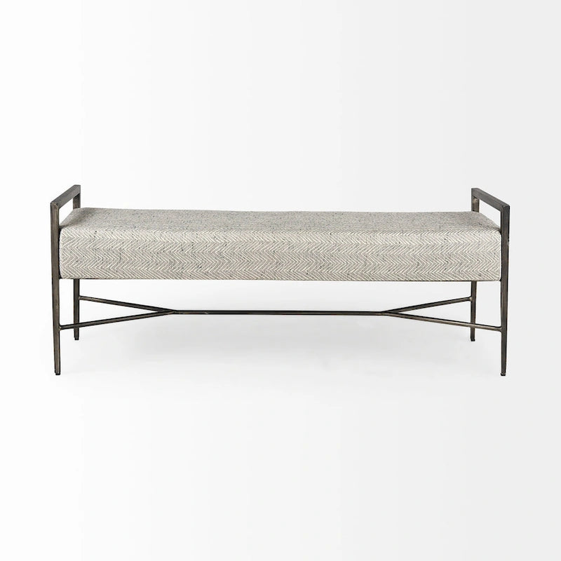Charlotte Gray Herringbone Fabric Seat w/ Antique Nickel Metal Frame Bench