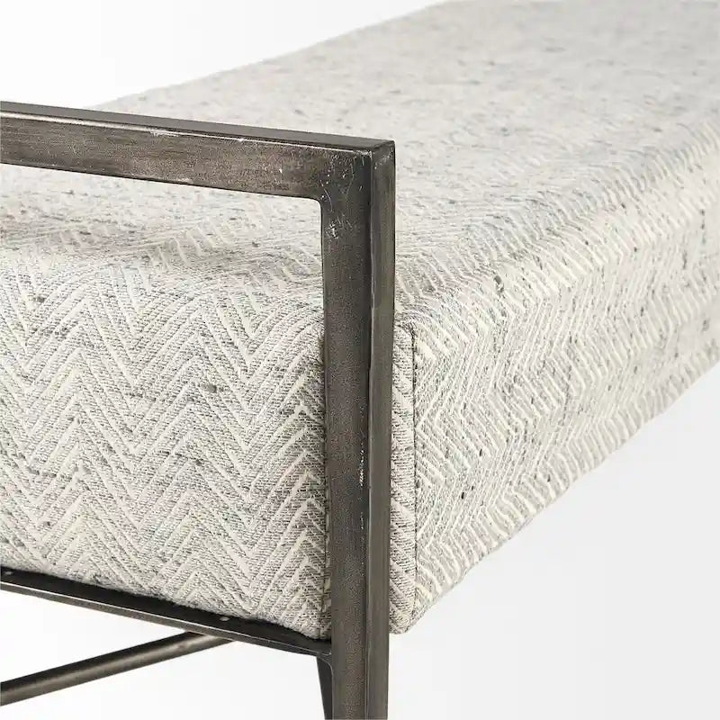Charlotte Gray Herringbone Fabric Seat w/ Antique Nickel Metal Frame Bench