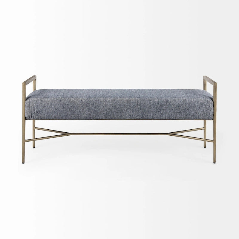 Charlotte Gray Herringbone Fabric Seat w/ Antique Nickel Metal Frame Bench