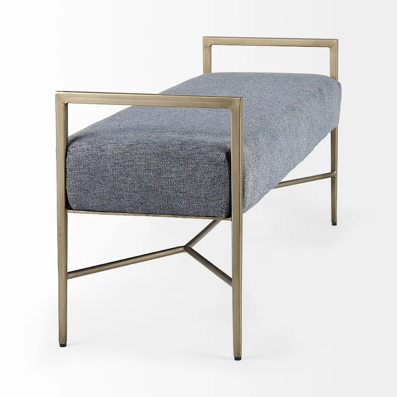 Charlotte Gray Herringbone Fabric Seat w/ Antique Nickel Metal Frame Bench