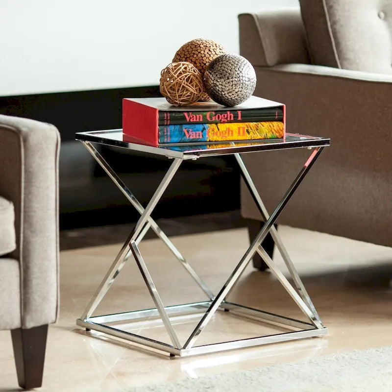 Danya B. Polished Chrome Base Square End Table with Clear Glass Top