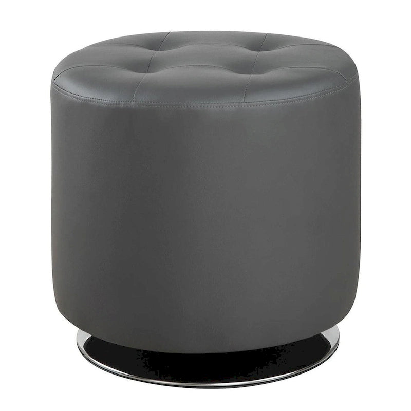 Round Leatherette Swivel Ottoman with Tufted Seat, Gray and Black