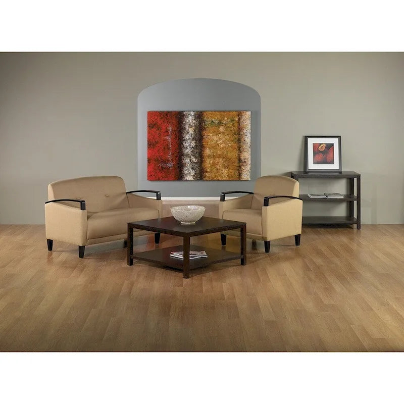 OSP Home Furnishings Main St. Loveseat with EasyClean Interlace Fabric & Espresso Finish Wood Arms & Legs