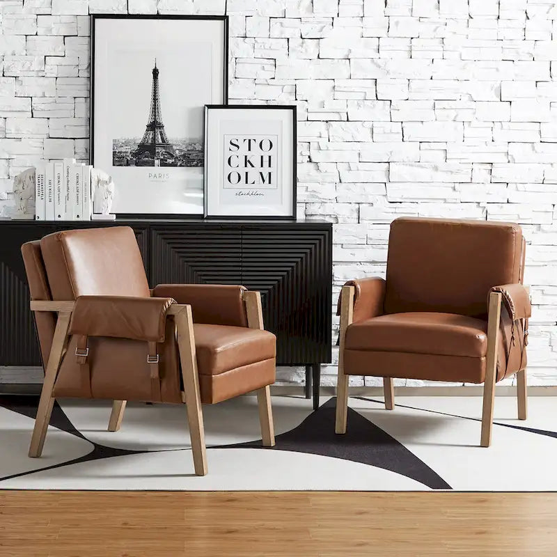 Olivia Farmhouse Faux Leather Accent Chair with Solid Wood Legs Sets of 2 by HULALA HOME