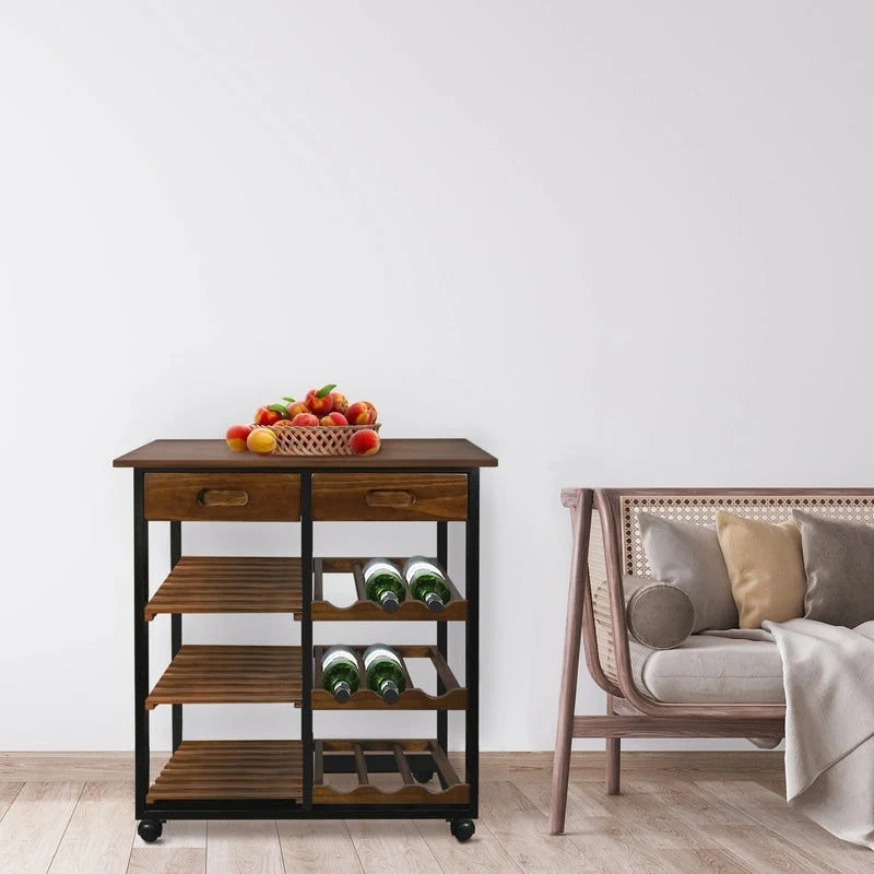 Solid Wood 4-Tier Rolling Kitchen Cart with Wine Rack and Drawer