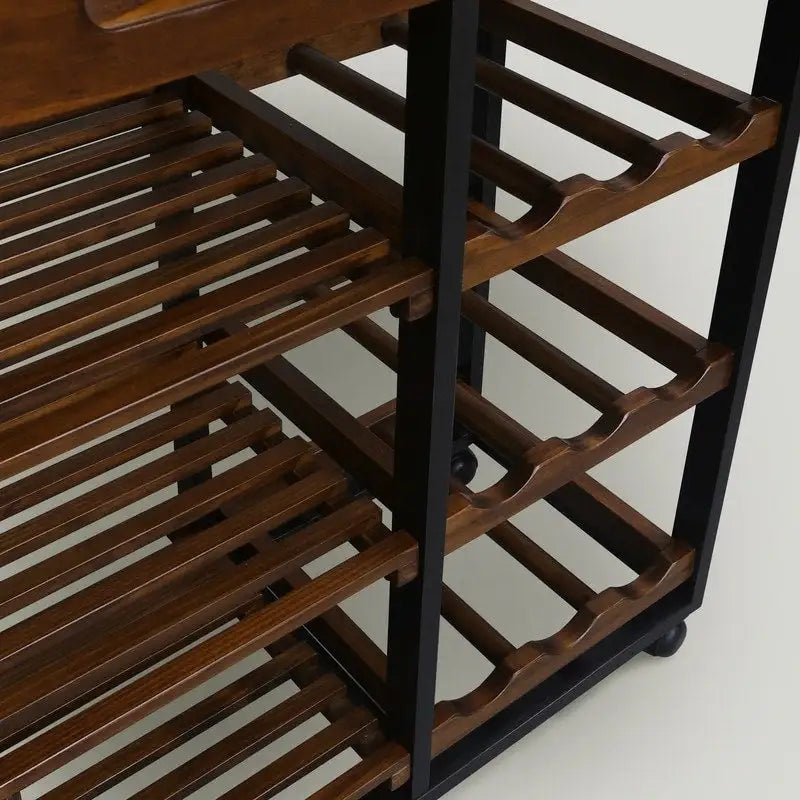 Solid Wood 4-Tier Rolling Kitchen Cart with Wine Rack and Drawer