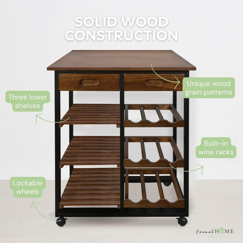 Solid Wood 4-Tier Rolling Kitchen Cart with Wine Rack and Drawer