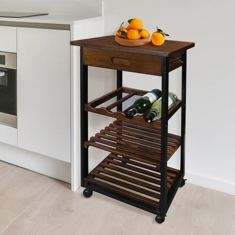 Solid Wood 4-Tier Rolling Kitchen Cart with Wine Rack and Drawer