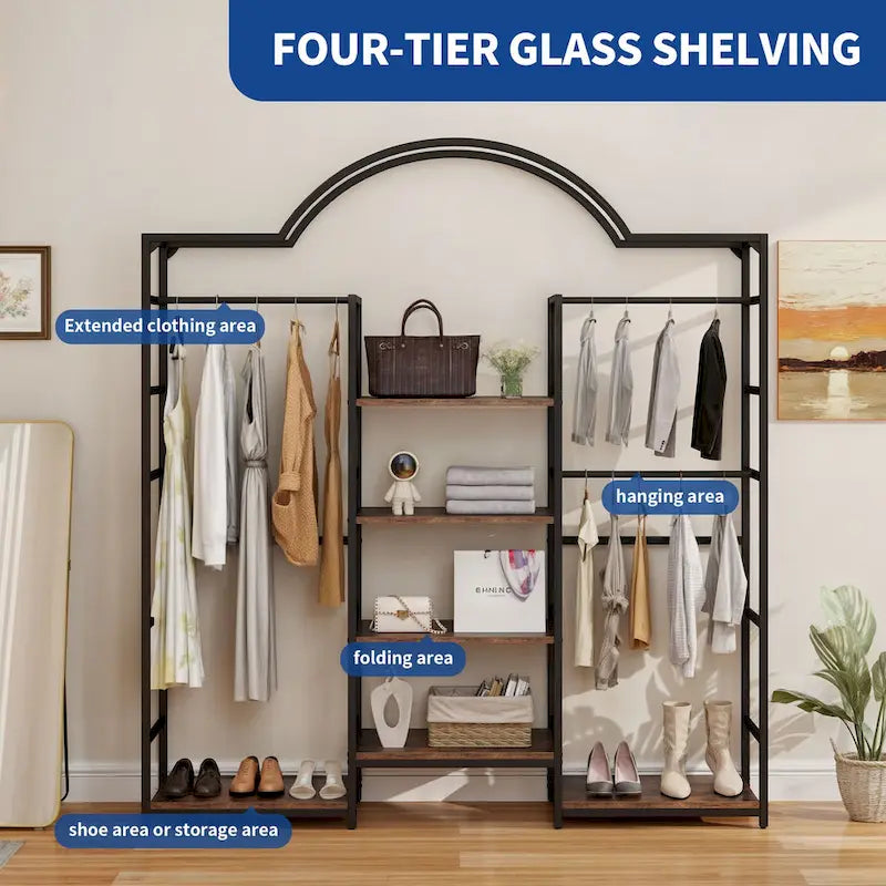 Moasis 4 Tiers Heavy Duty Coat Rack Garment Racks with 3 Hang Rods & 6 Shelves