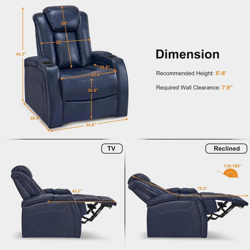 MCombo Power Recliner Chair, Home Theater Seating with Adjustable Headrest and Tray Table, Breathable Leather HTS422