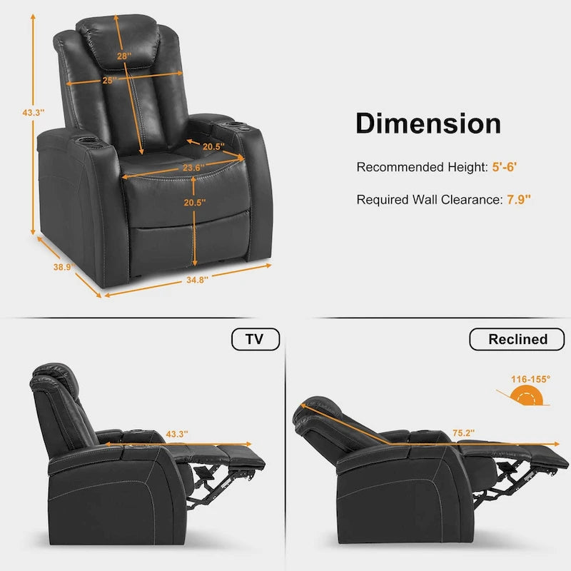 MCombo Power Recliner Chair, Home Theater Seating with Adjustable Headrest and Tray Table, Breathable Leather HTS422