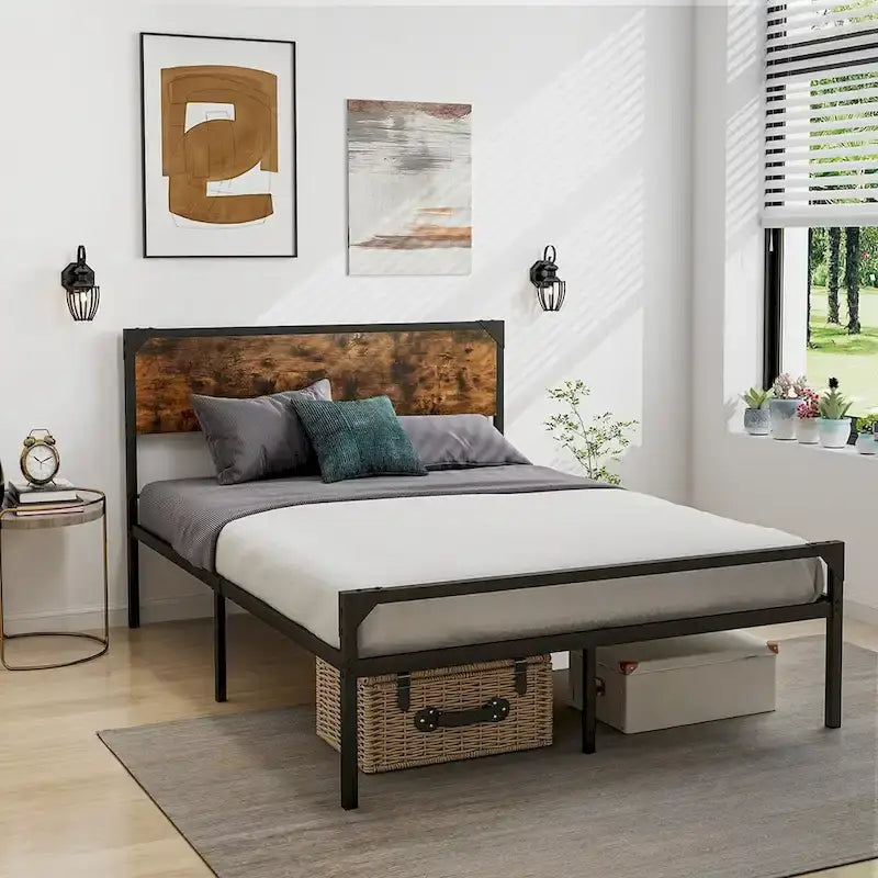 Costway Platform Full/Queen Bed with Rustic Headboard & Footboard