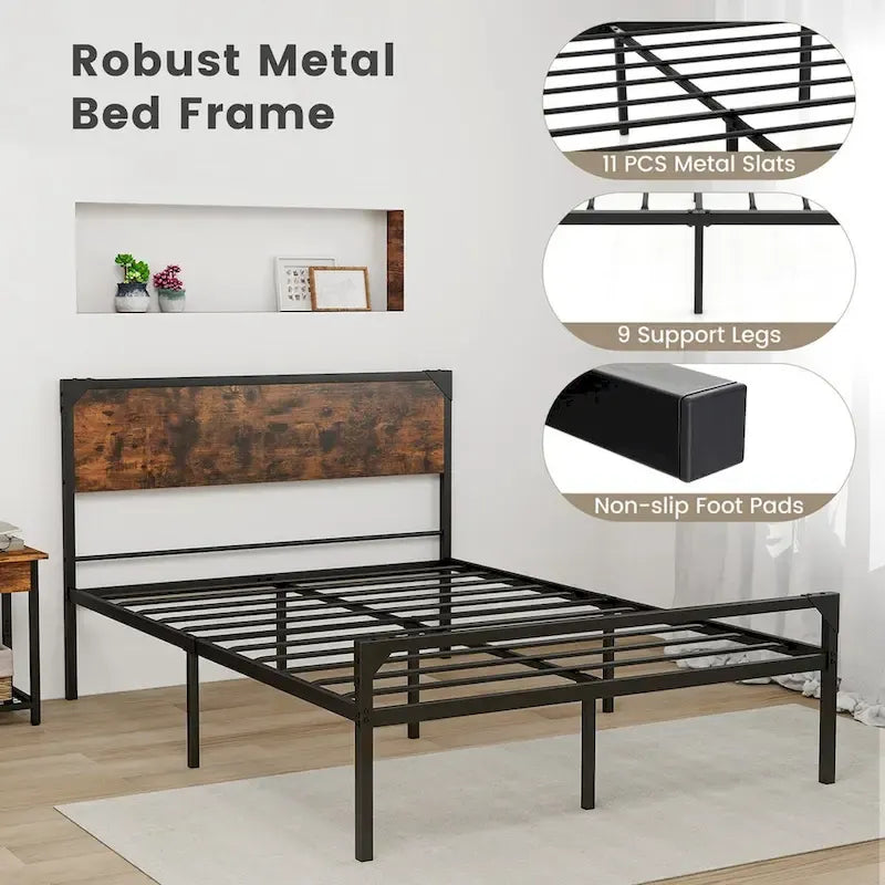 Costway Platform Full/Queen Bed with Rustic Headboard & Footboard