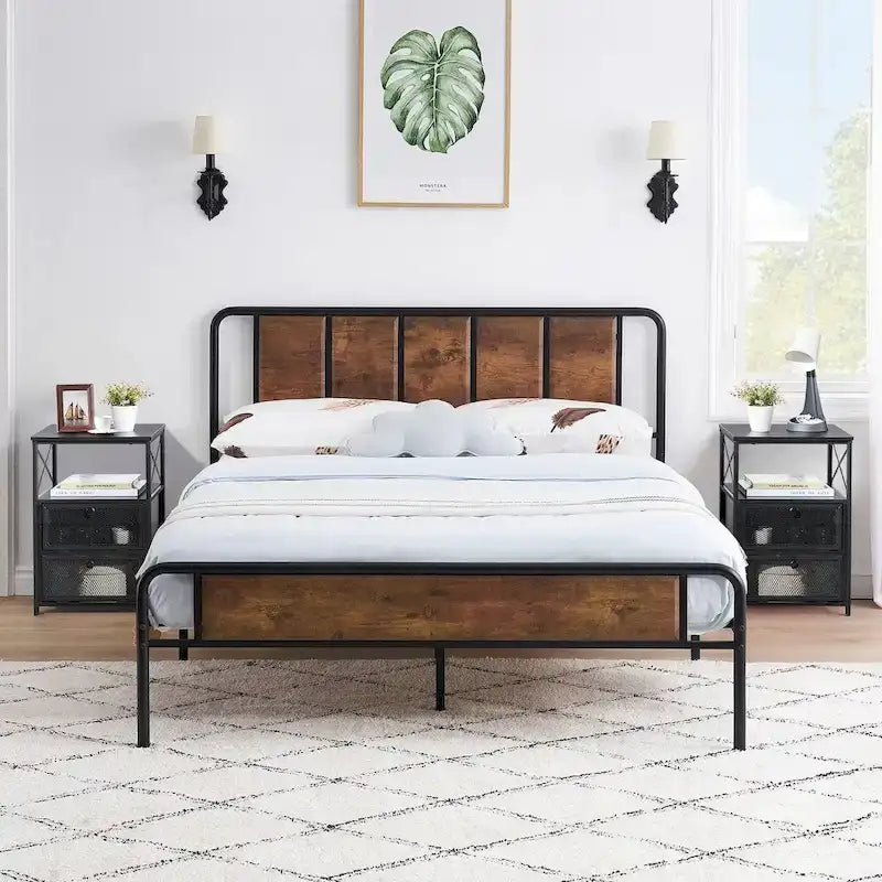 Taomika 3-pieces Industrial Modern Bed Frame and Nightstands Set