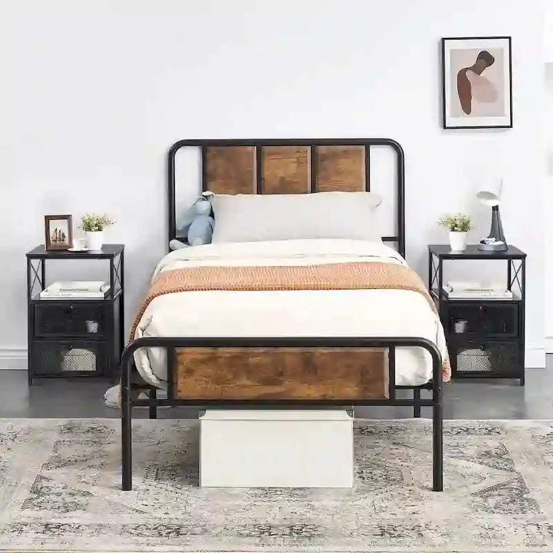 Taomika 3-pieces Industrial Modern Bed Frame and Nightstands Set