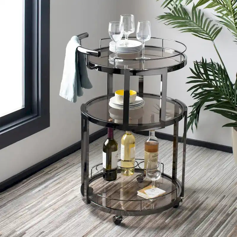 SAFAVIEH Sueann 3 Tier Round Bar Cart-Gold / Tea - 22.1 x 19.7 x 34.3 - 22Wx20Dx34H