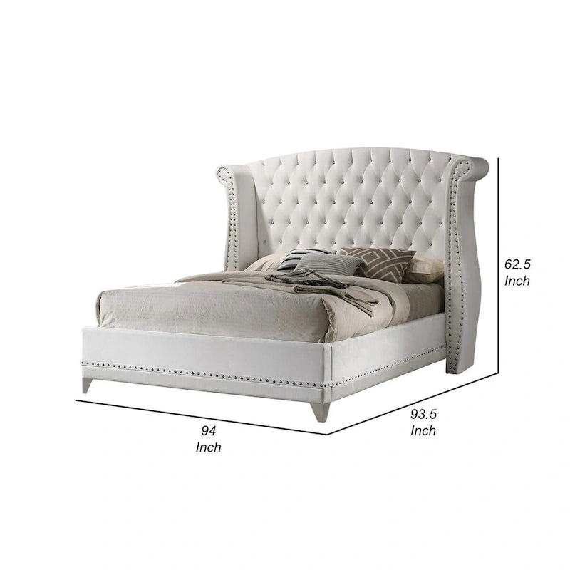 Dini California King Bed, Crystal Button Tufting, White Velvet Upholstery