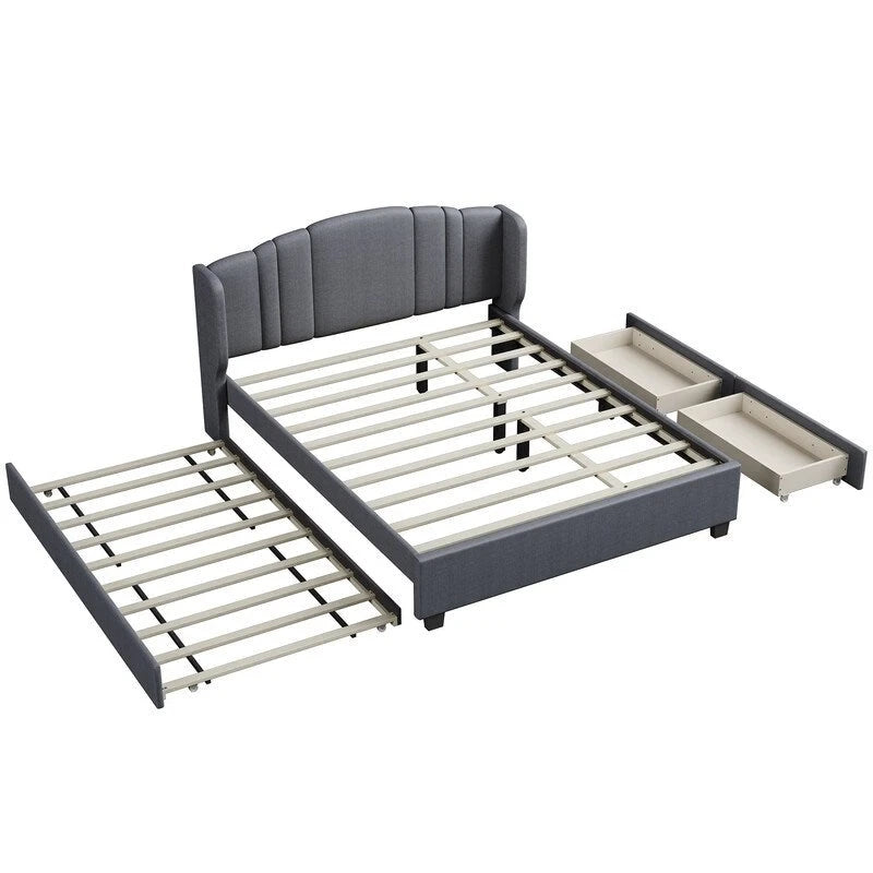 Queen Size Linen Upholstered Platform Bed with Twin Trundle and 2 Drawers