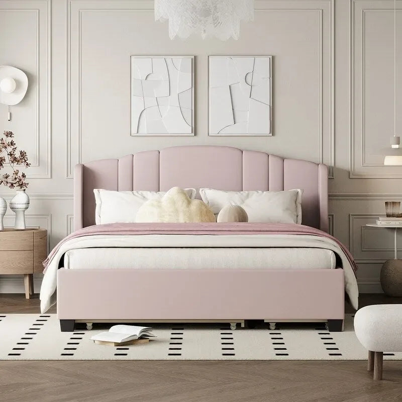 Queen Size Linen Upholstered Platform Bed with Twin Trundle and 2 Drawers