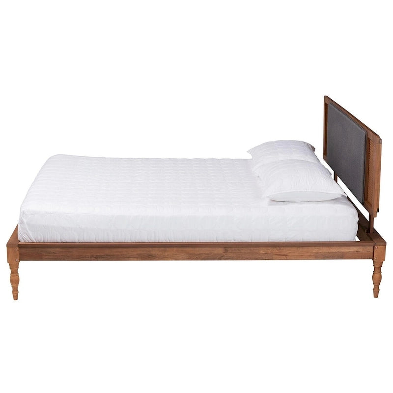 Eliseo Mid-Century Modern Dark Grey Fabric and Walnut Brown Finished Wood Platform Bed
