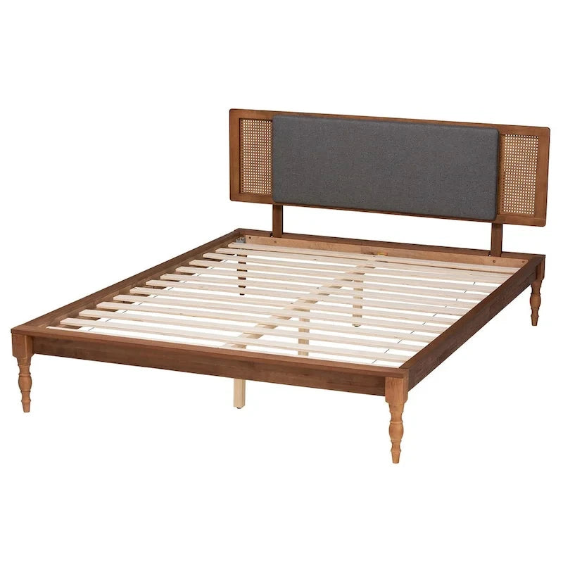 Eliseo Mid-Century Modern Dark Grey Fabric and Walnut Brown Finished Wood Platform Bed