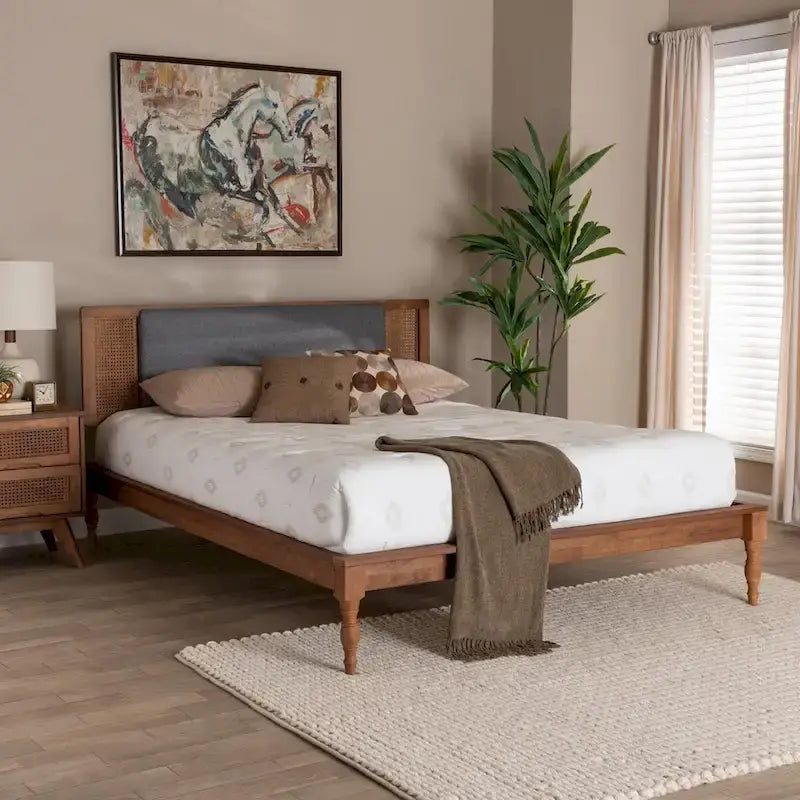 Eliseo Mid-Century Modern Dark Grey Fabric and Walnut Brown Finished Wood Platform Bed