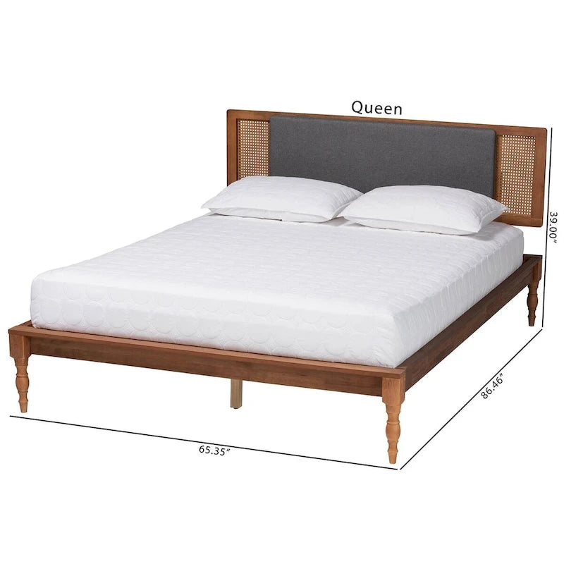 Eliseo Mid-Century Modern Dark Grey Fabric and Walnut Brown Finished Wood Platform Bed