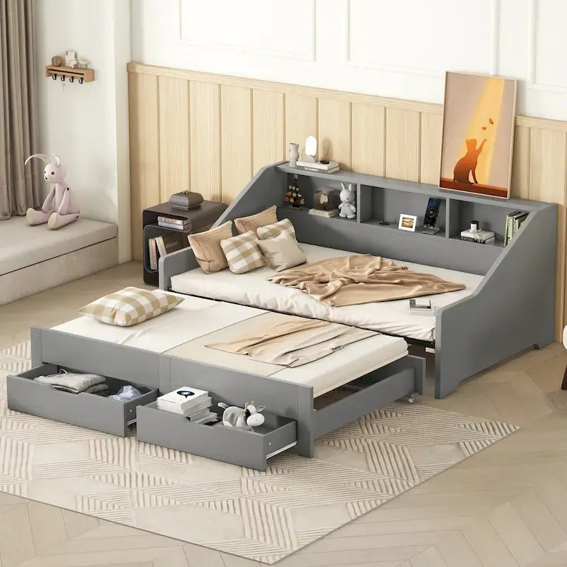 Twin to King Size Daybed Frame with Storage Bookcases and Two Drawers