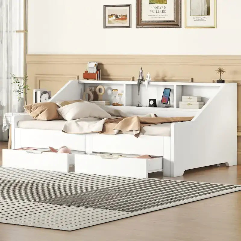 Twin to King Size Daybed Frame with Storage Bookcases and Two Drawers