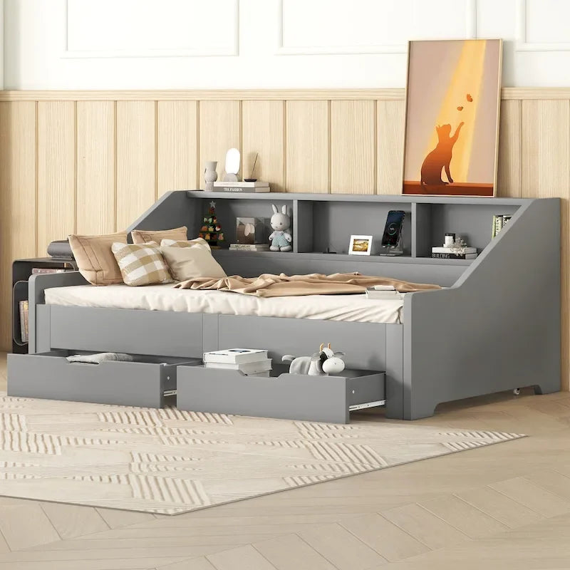 Twin to King Size Daybed Frame with Storage Bookcases and Two Drawers
