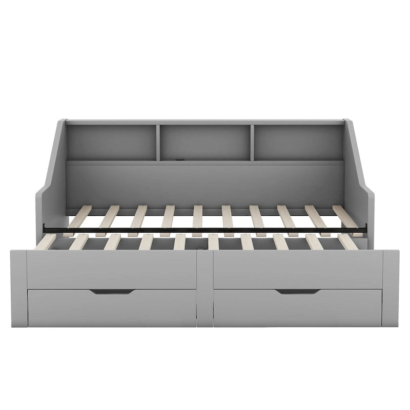 Twin to King Size Daybed Frame with Storage Bookcases and Two Drawers