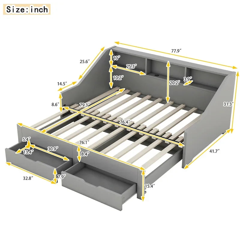 Twin to King Size Daybed Frame with Storage Bookcases and Two Drawers