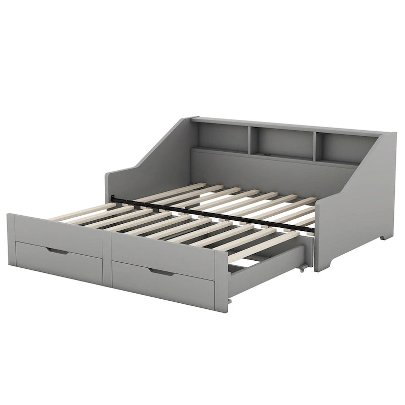 Twin to King Size Daybed Frame with Storage Bookcases and Two Drawers