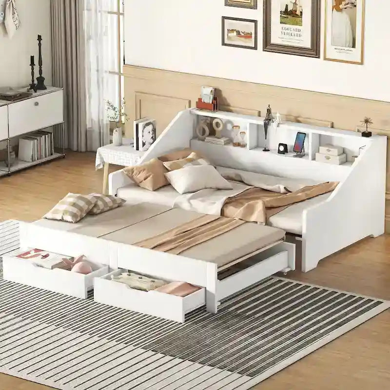 Twin to King Size Daybed Frame with Storage Bookcases and Two Drawers