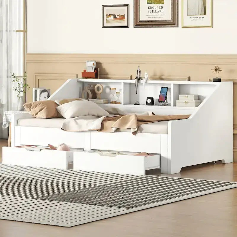 Twin to King Size Daybed Frame with Storage Bookcases and Two Drawers