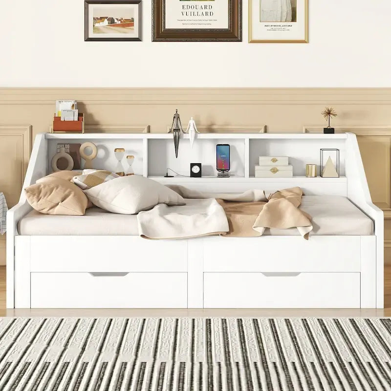 Twin to King Size Daybed Frame with Storage Bookcases and Two Drawers