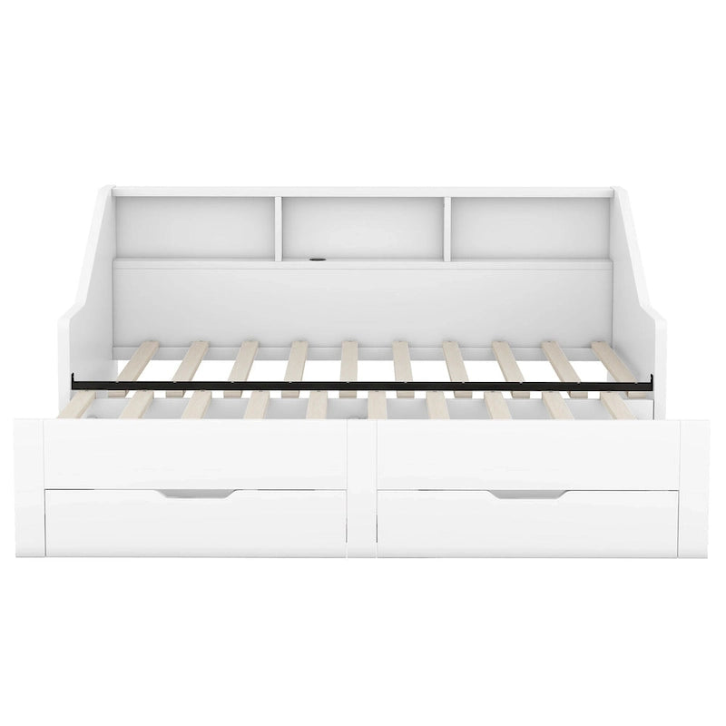 Twin to King Size Daybed Frame with Storage Bookcases and Two Drawers