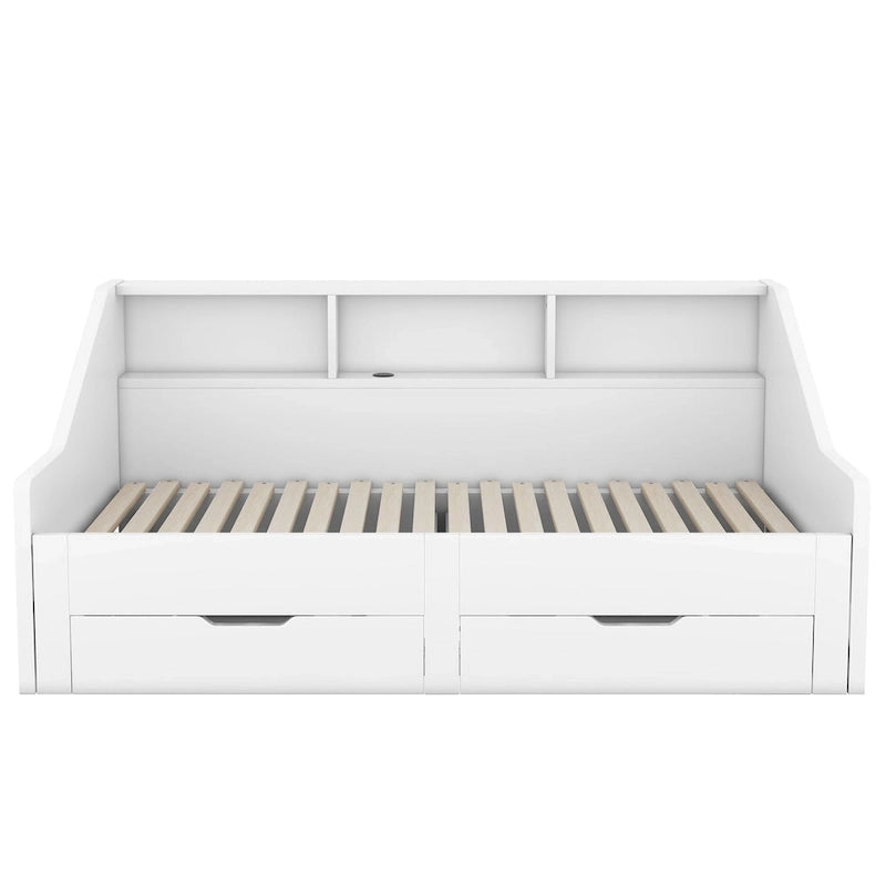 Twin to King Size Daybed Frame with Storage Bookcases and Two Drawers
