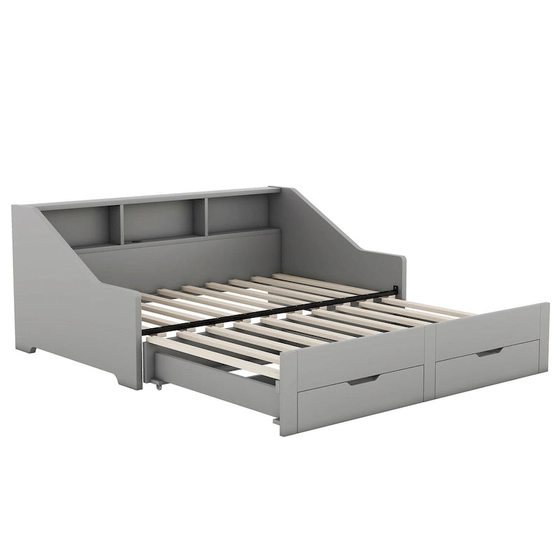 Twin to King Size Daybed Frame with Storage Bookcases and Two Drawers