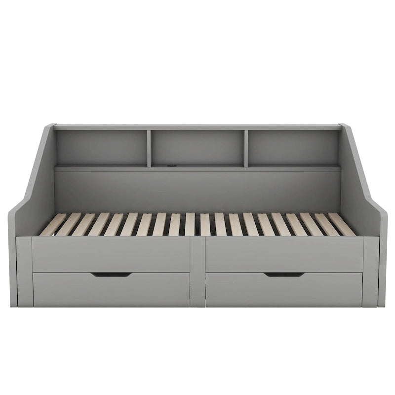 Twin to King Size Daybed Frame with Storage Bookcases and Two Drawers