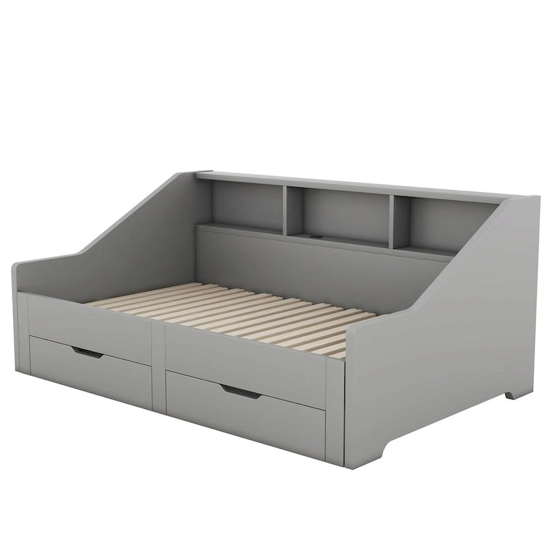 Twin to King Size Daybed Frame with Storage Bookcases and Two Drawers