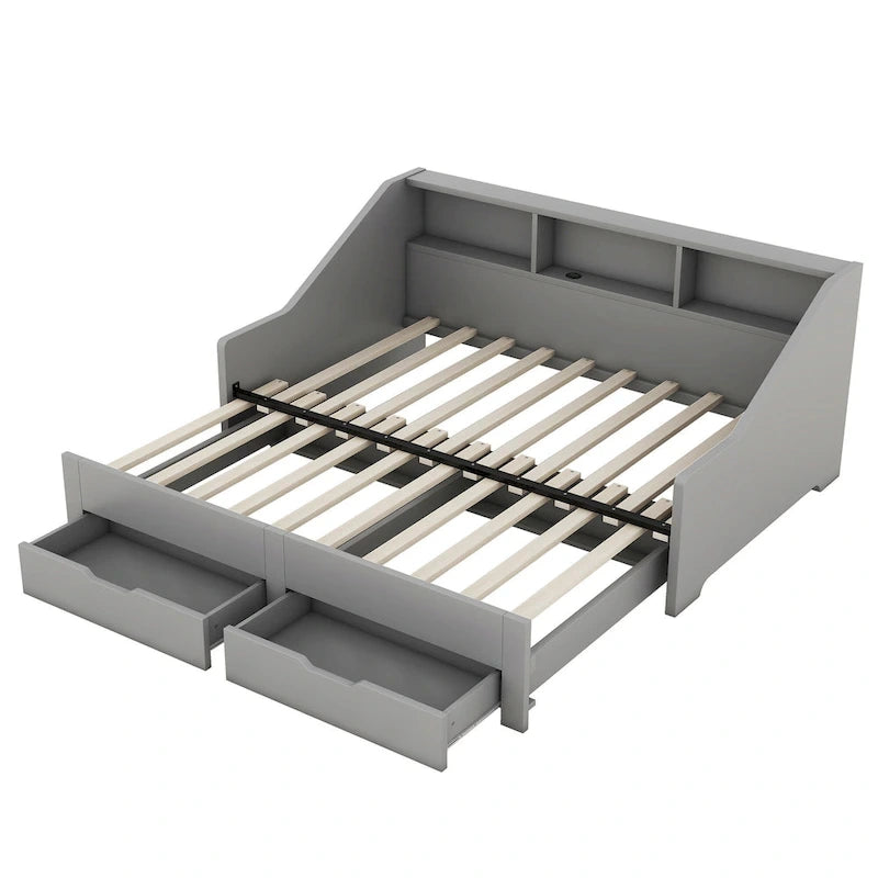 Twin to King Size Daybed Frame with Storage Bookcases and Two Drawers